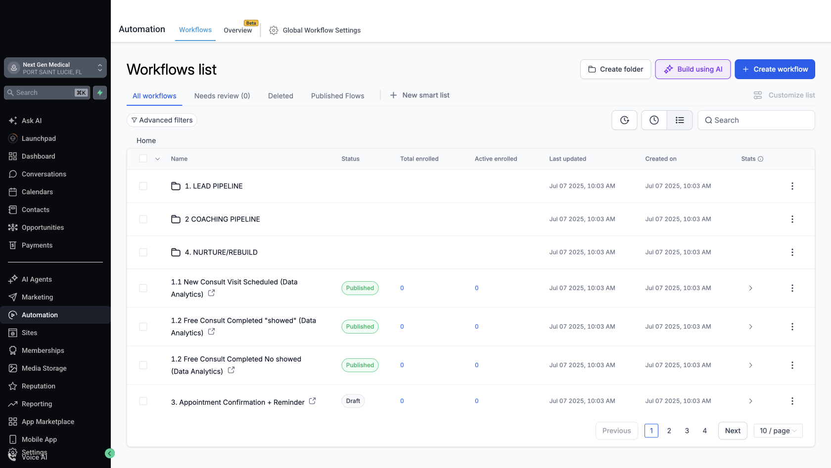 Automation library listing published workflows organized into lead pipeline, coaching and nurture folders