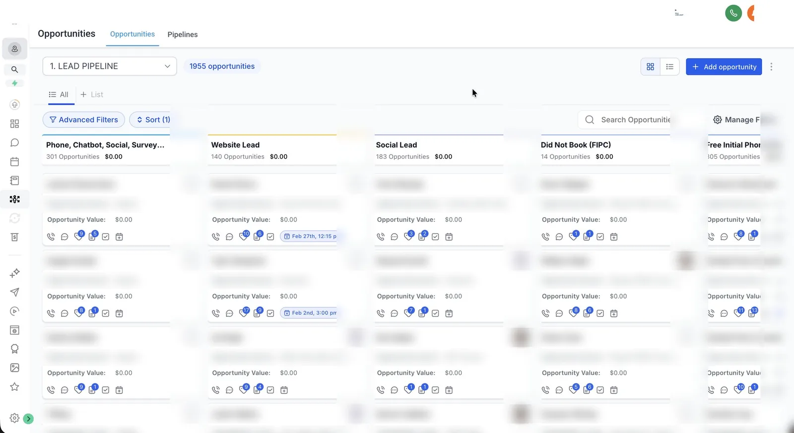 A CRM lead pipeline with leads sorted into stages